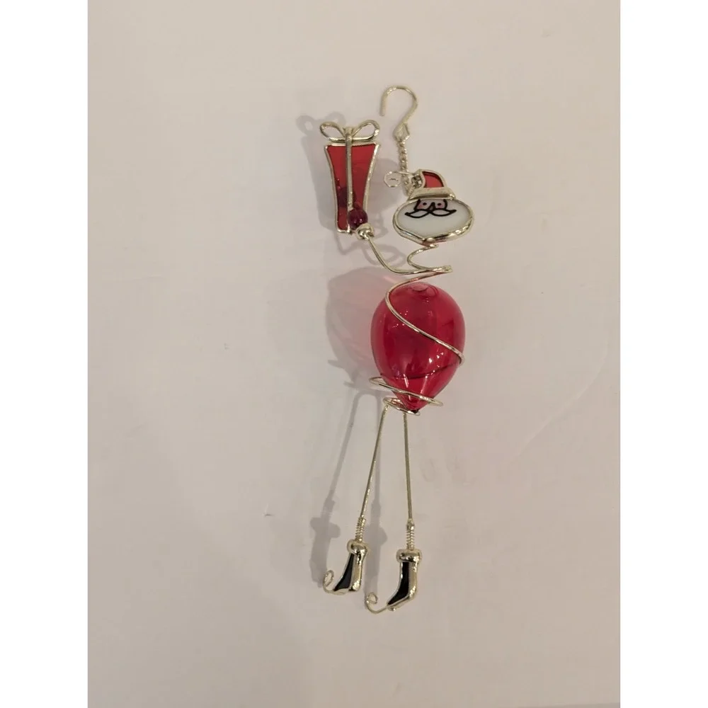 Wire Wrapped Stained Glass Hanging Santa Ornament Decor Acrylic Gold Tone 10